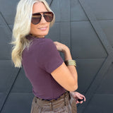 Mock Neck Short Sleeve Top In Red Bean - Infinity Raine
