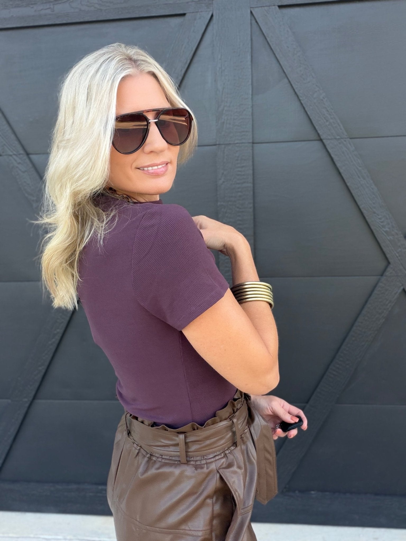 Mock Neck Short Sleeve Top In Red Bean - Infinity Raine