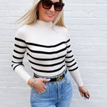Mock Neck Stripe Long Sleeve Knit Pullover in Ivory - Infinity Raine