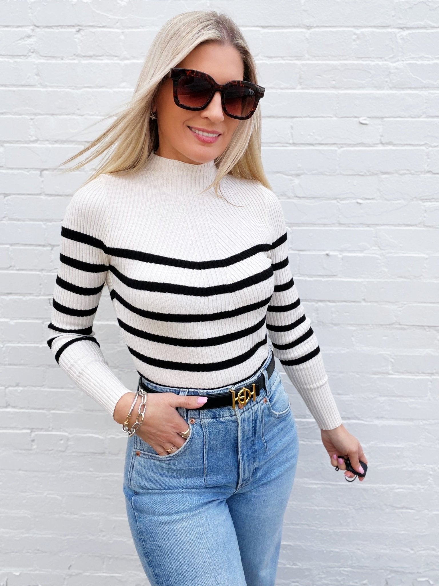 Mock Neck Stripe Long Sleeve Knit Pullover in Ivory - Infinity Raine