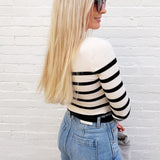 Mock Neck Stripe Long Sleeve Knit Pullover in Ivory - Infinity Raine