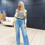 Mock Neck Stripe Long Sleeve Knit Pullover in Ivory - Infinity Raine