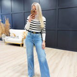 Mock Neck Stripe Long Sleeve Knit Pullover in Ivory - Infinity Raine