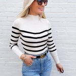 Mock Neck Stripe Long Sleeve Knit Pullover in Ivory - Infinity Raine