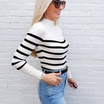 Mock Neck Stripe Long Sleeve Knit Pullover in Ivory - Infinity Raine