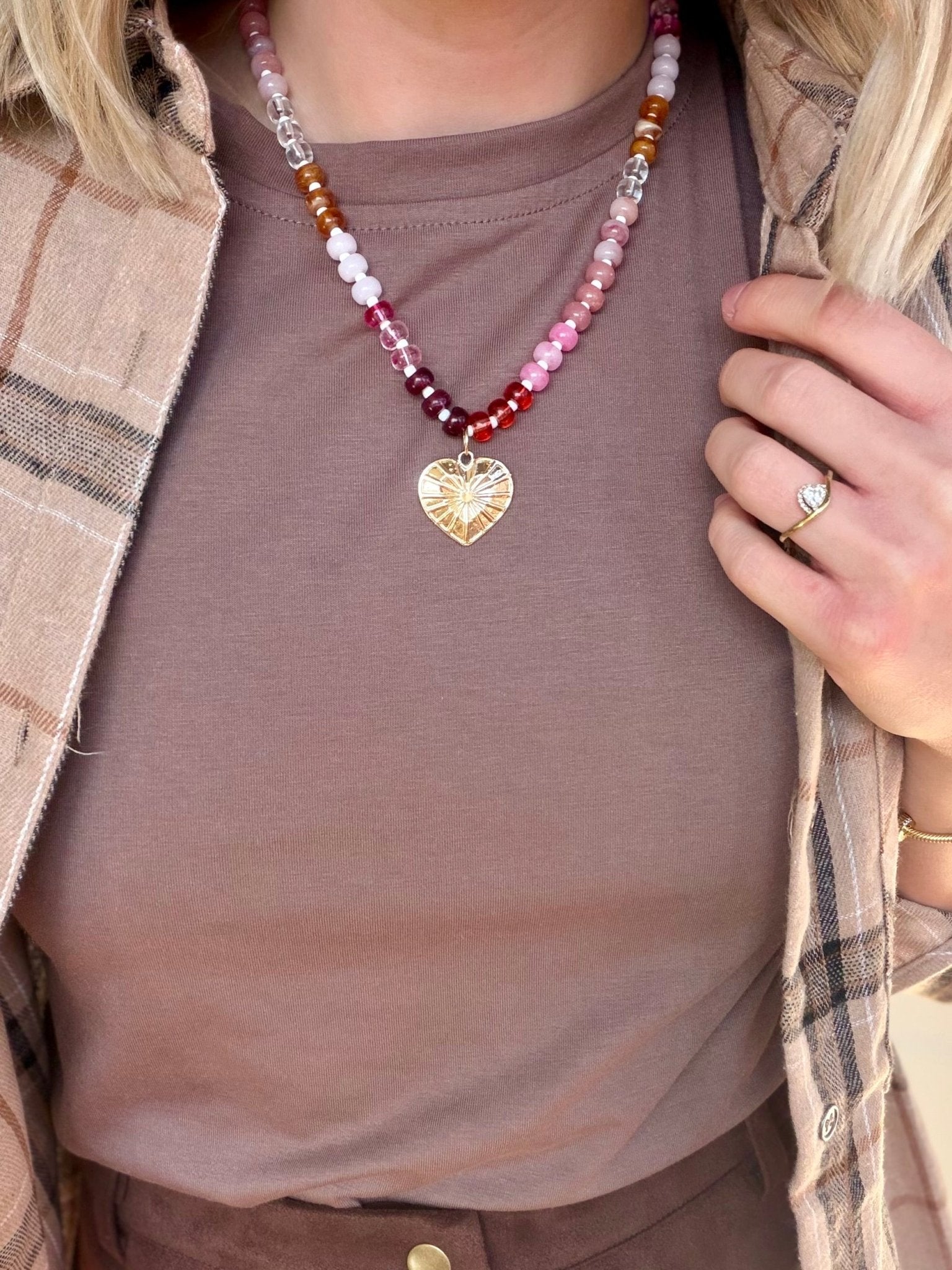 Multi Beaded Chain Heart Charm Necklace - Infinity Raine