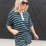 Multi-color Stripe Elastic Waist Knit Mini Shorts In Navy - Infinity Raine