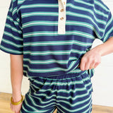 Multi-color Stripe Elastic Waist Knit Mini Shorts In Navy - Infinity Raine