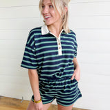 Multi-color Stripe Elastic Waist Knit Mini Shorts In Navy - Infinity Raine