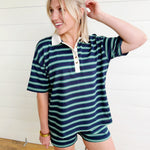 Multi-color Stripe Elastic Waist Knit Mini Shorts In Navy - Infinity Raine