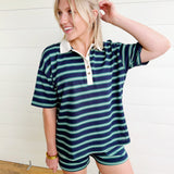 Multi-color Stripe Elastic Waist Knit Mini Shorts In Navy - Infinity Raine