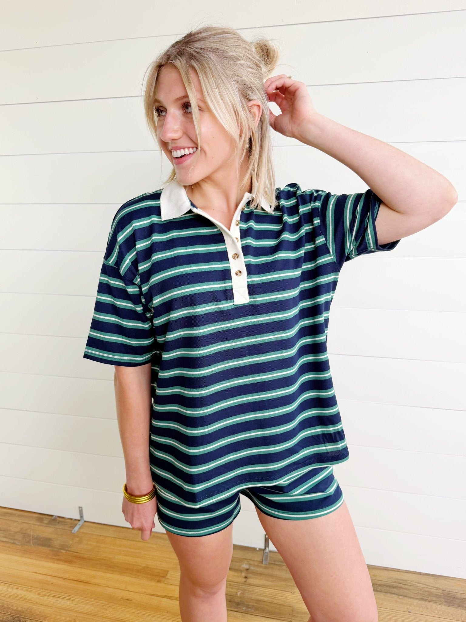 Multi-color Stripe Elastic Waist Knit Mini Shorts In Navy - Infinity Raine