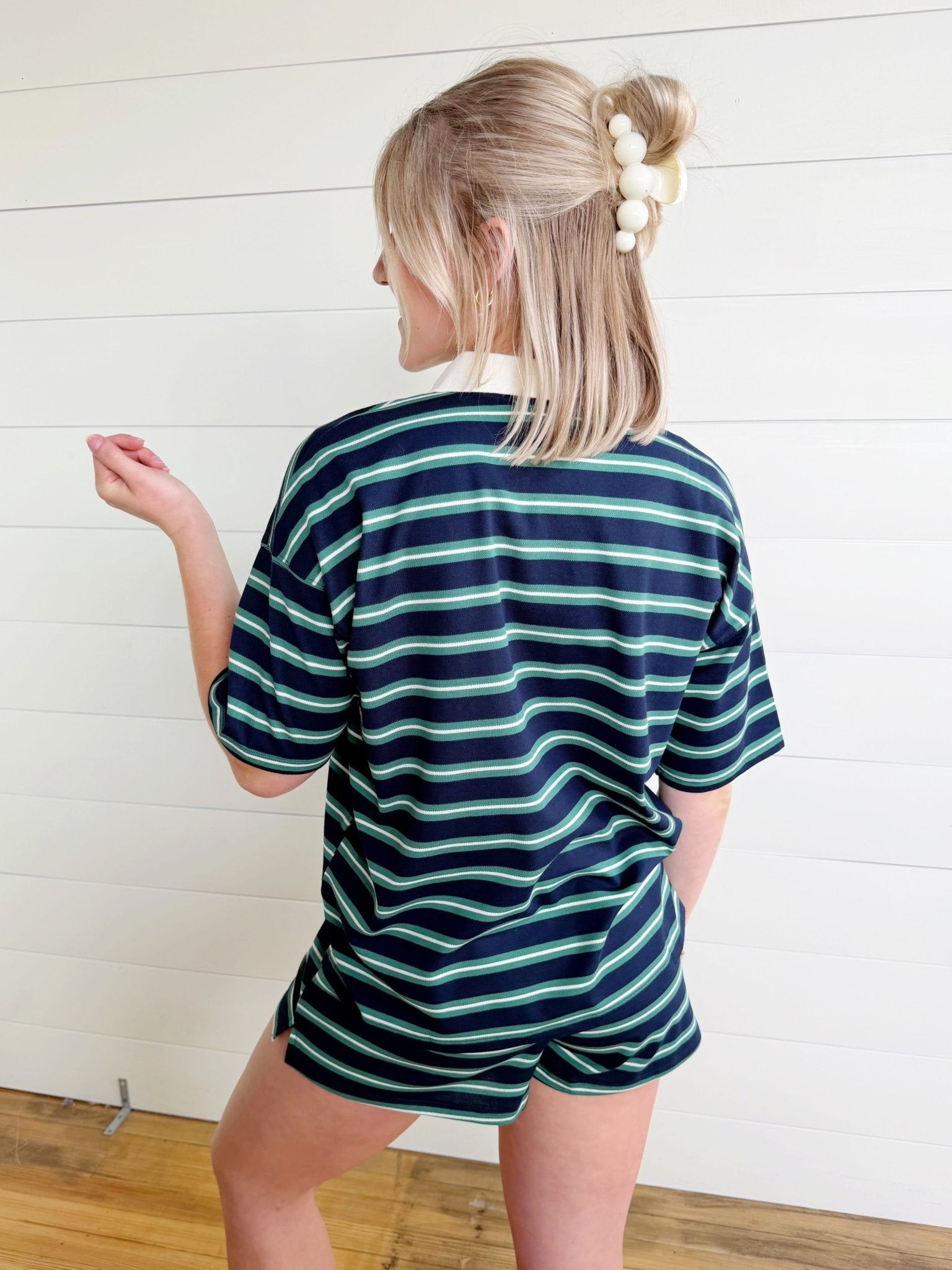 Multi-color Stripe Elastic Waist Knit Mini Shorts In Navy - Infinity Raine
