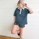 Multi-Color Stripe Short Sleeve Knit Polo Top In Navy - Infinity Raine