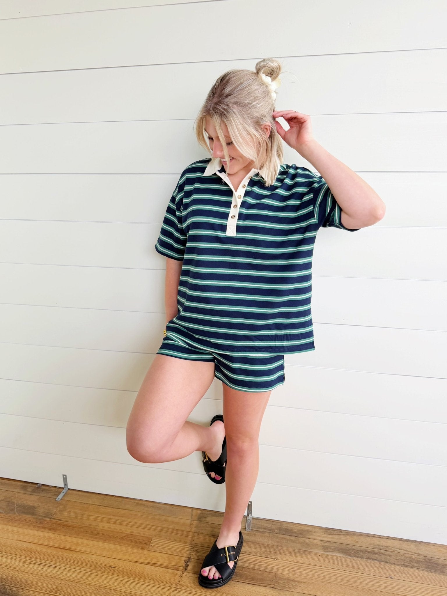Multi-Color Stripe Short Sleeve Knit Polo Top In Navy - Infinity Raine