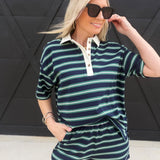 Multi-Color Stripe Short Sleeve Knit Polo Top In Navy - Infinity Raine