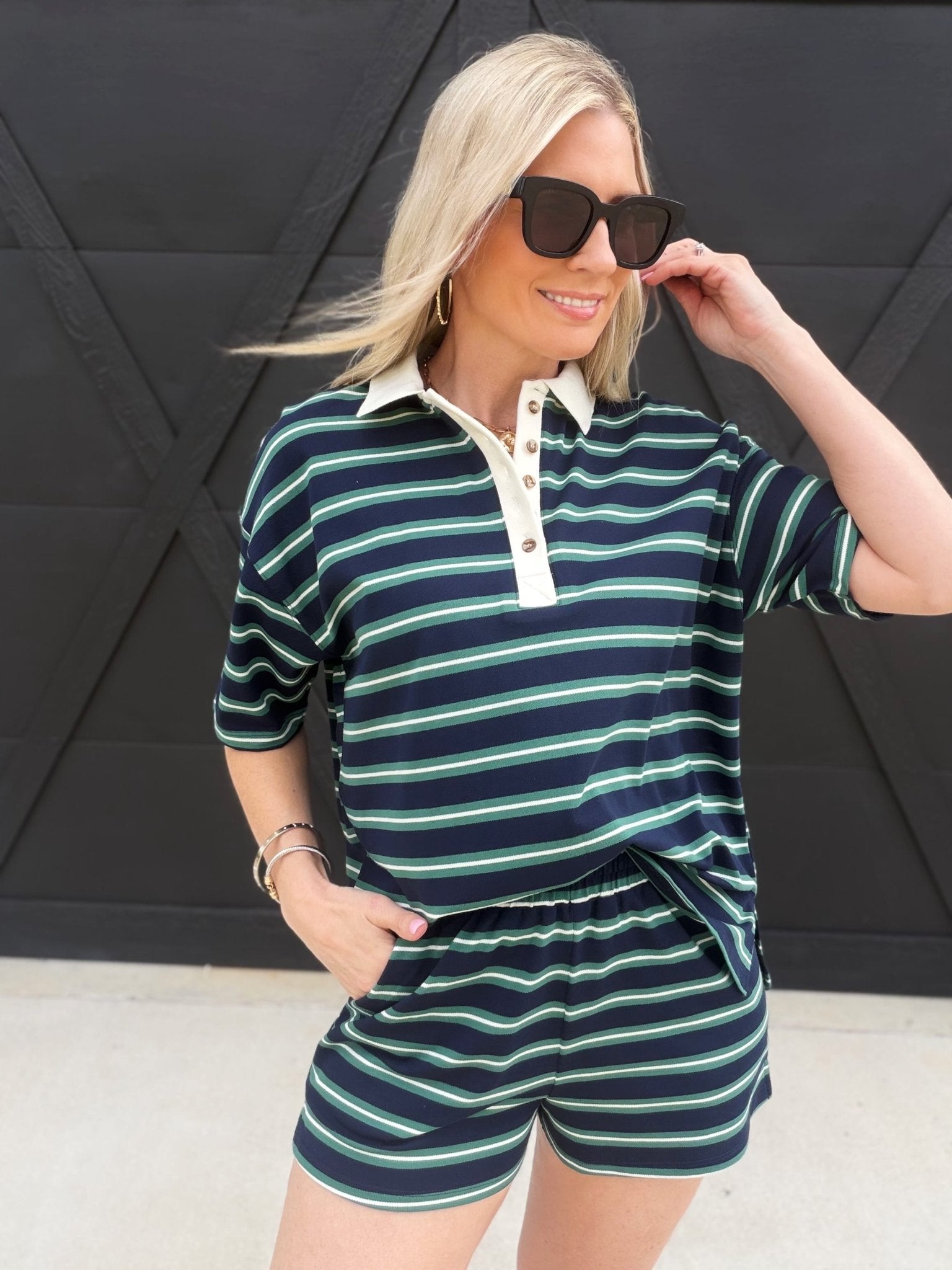Multi-Color Stripe Short Sleeve Knit Polo Top In Navy - Infinity Raine