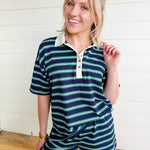 Multi-Color Stripe Short Sleeve Knit Polo Top In Navy - Infinity Raine