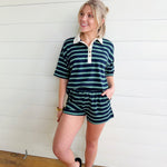 Multi-Color Stripe Short Sleeve Knit Polo Top In Navy - Infinity Raine