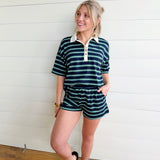 Multi-Color Stripe Short Sleeve Knit Polo Top In Navy - Infinity Raine