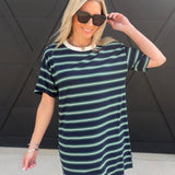 Multi-Color Stripe Short T-Shirt Mini Dress In Navy - Infinity Raine