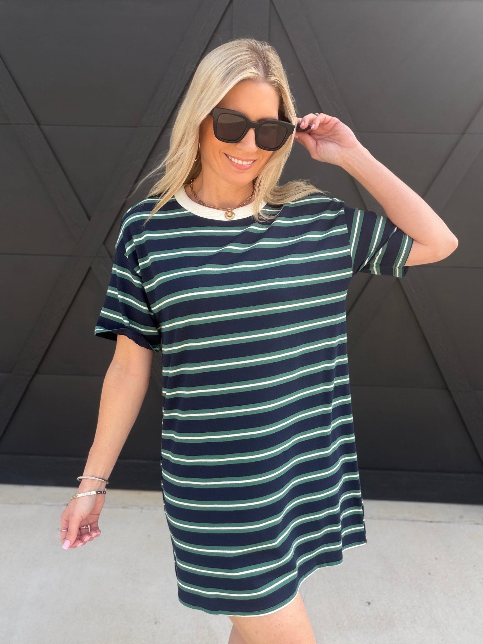 Multi-Color Stripe Short T-Shirt Mini Dress In Navy - Infinity Raine