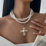 Multi Wrap Pearl Beaded Cross Charm Necklace - Infinity Raine