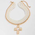 Multi Wrap Pearl Beaded Cross Charm Necklace - Infinity Raine