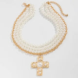Multi Wrap Pearl Beaded Cross Charm Necklace - Infinity Raine