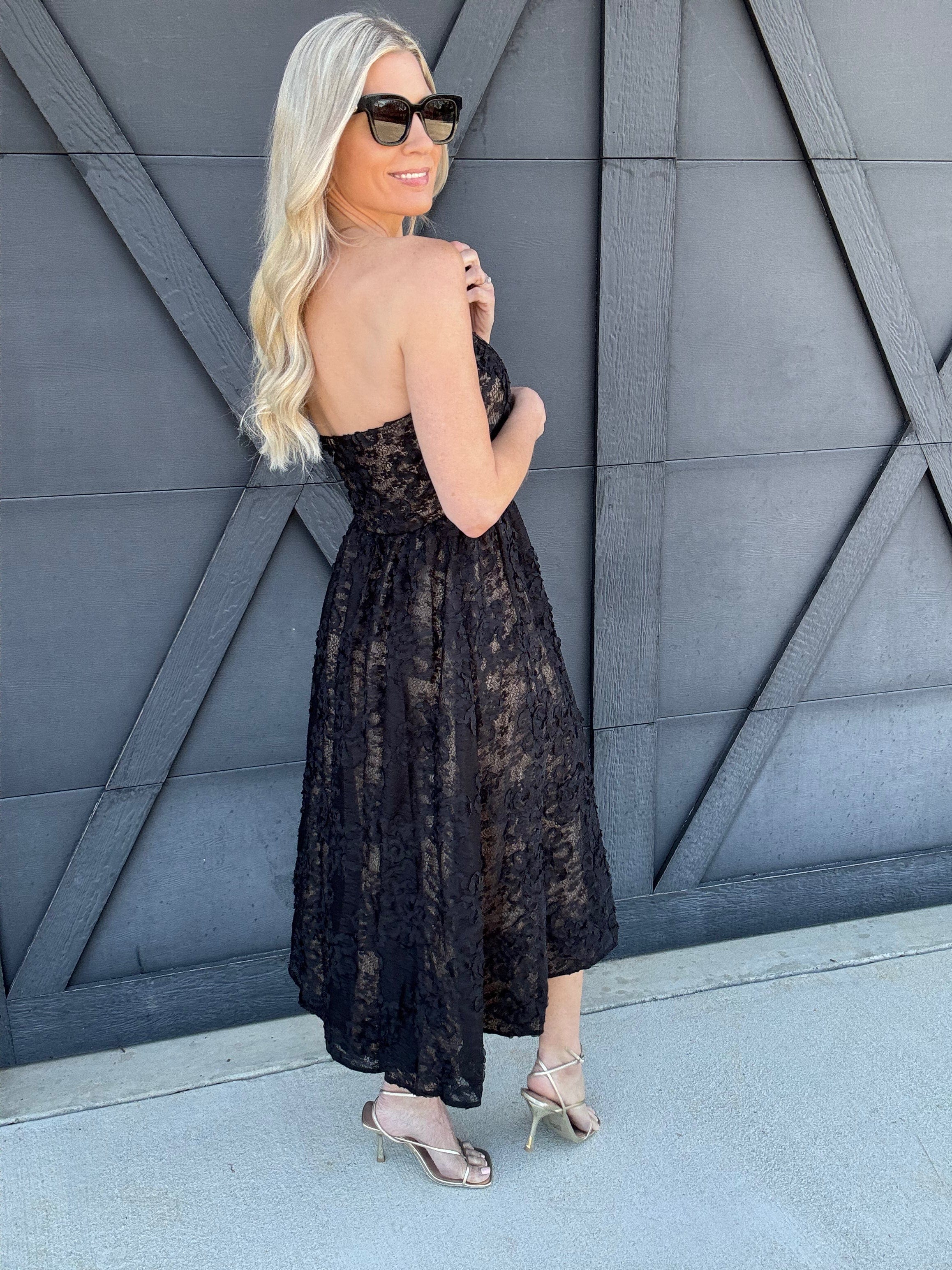 Strapless Floral Embroidered Midi Dress In Black - Infinity Raine
