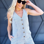 Woven Button Up Romper In Denim - Infinity Raine