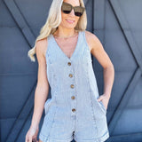 Woven Button Up Romper In Denim - Infinity Raine
