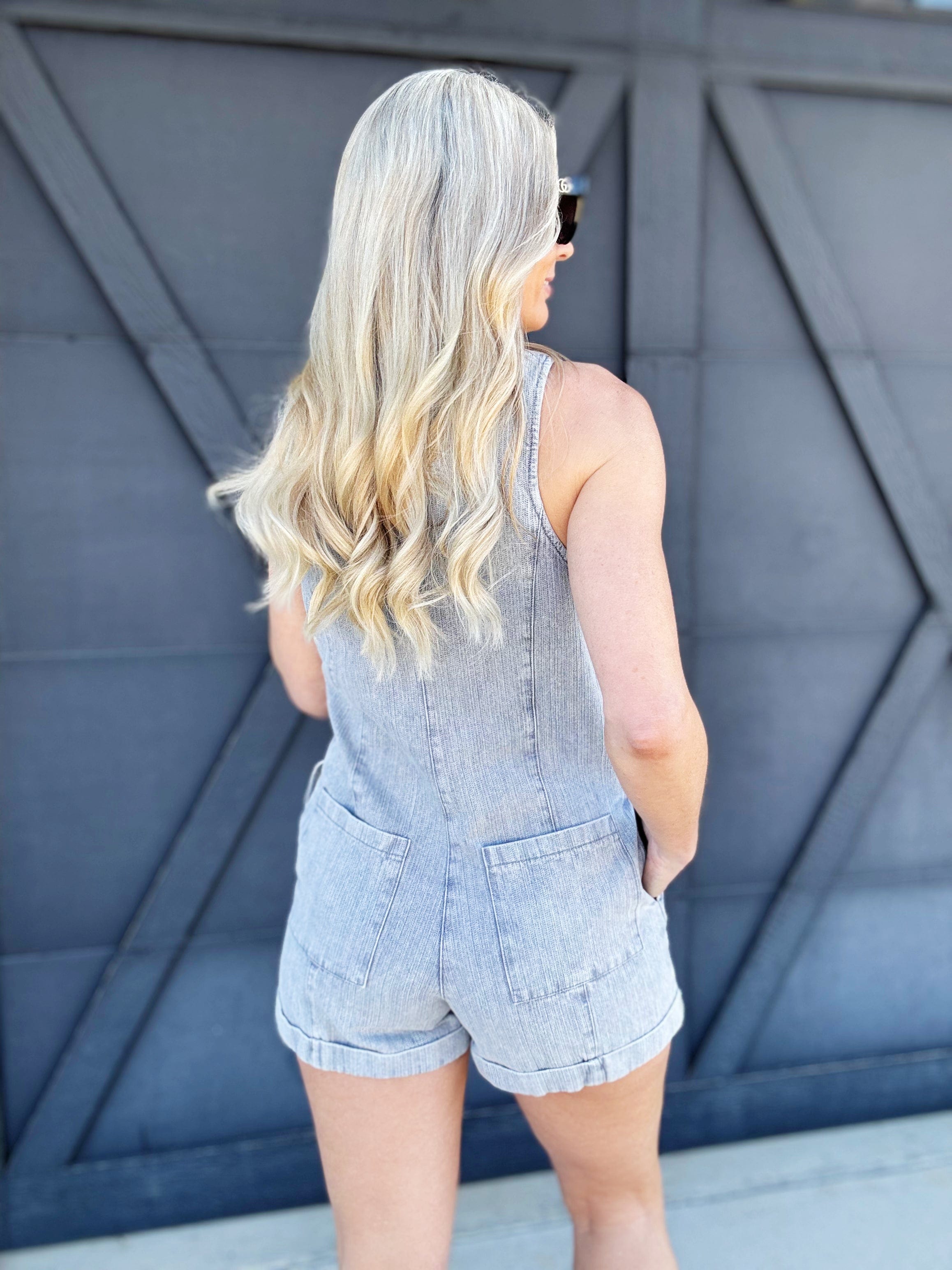 Woven Button Up Romper In Denim - Infinity Raine