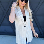Mustard Seed Tops - Blouses Sleeveless Striped Blazer In Oatmeal