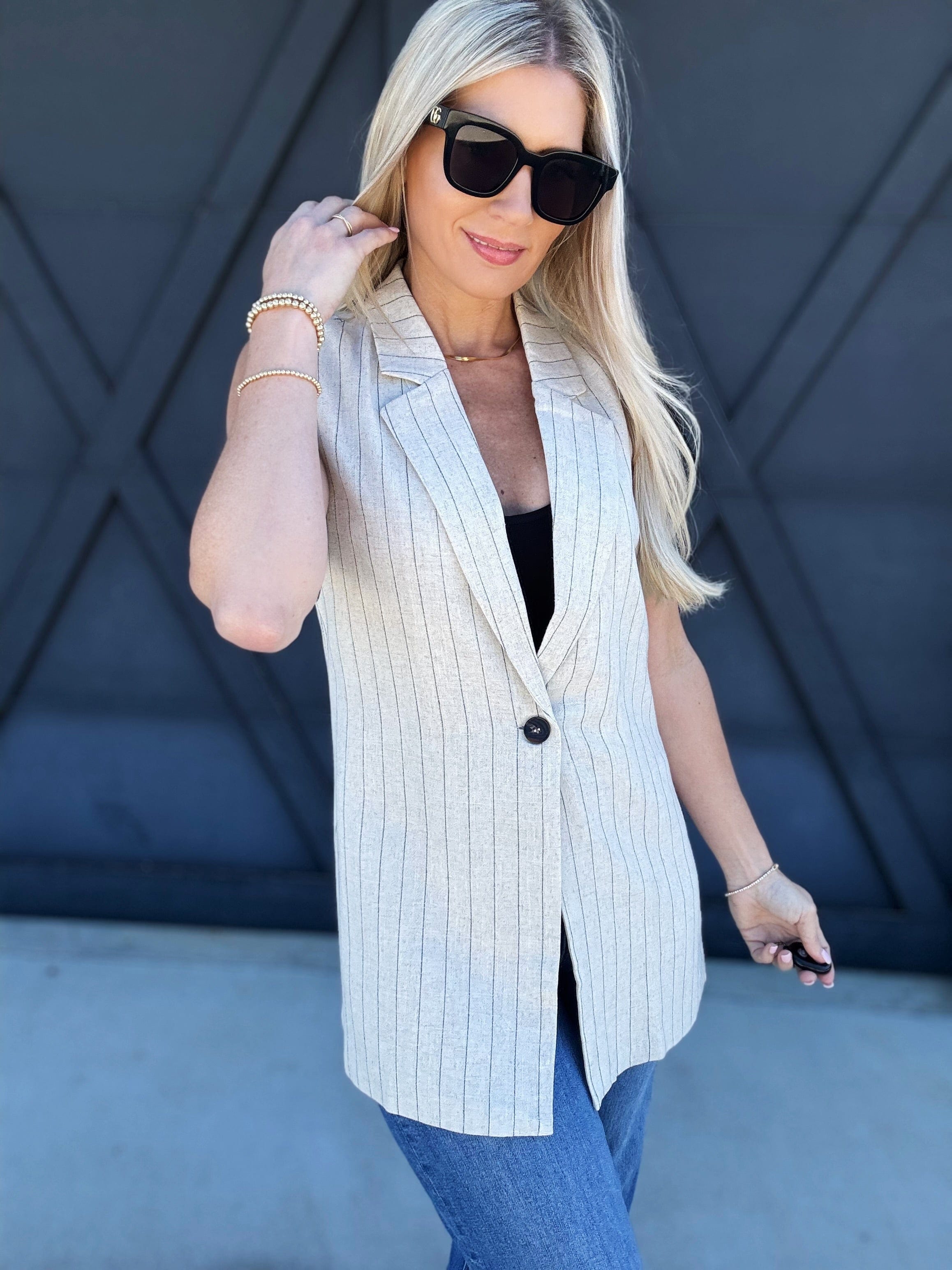 Mustard Seed Tops - Blouses Sleeveless Striped Blazer In Oatmeal