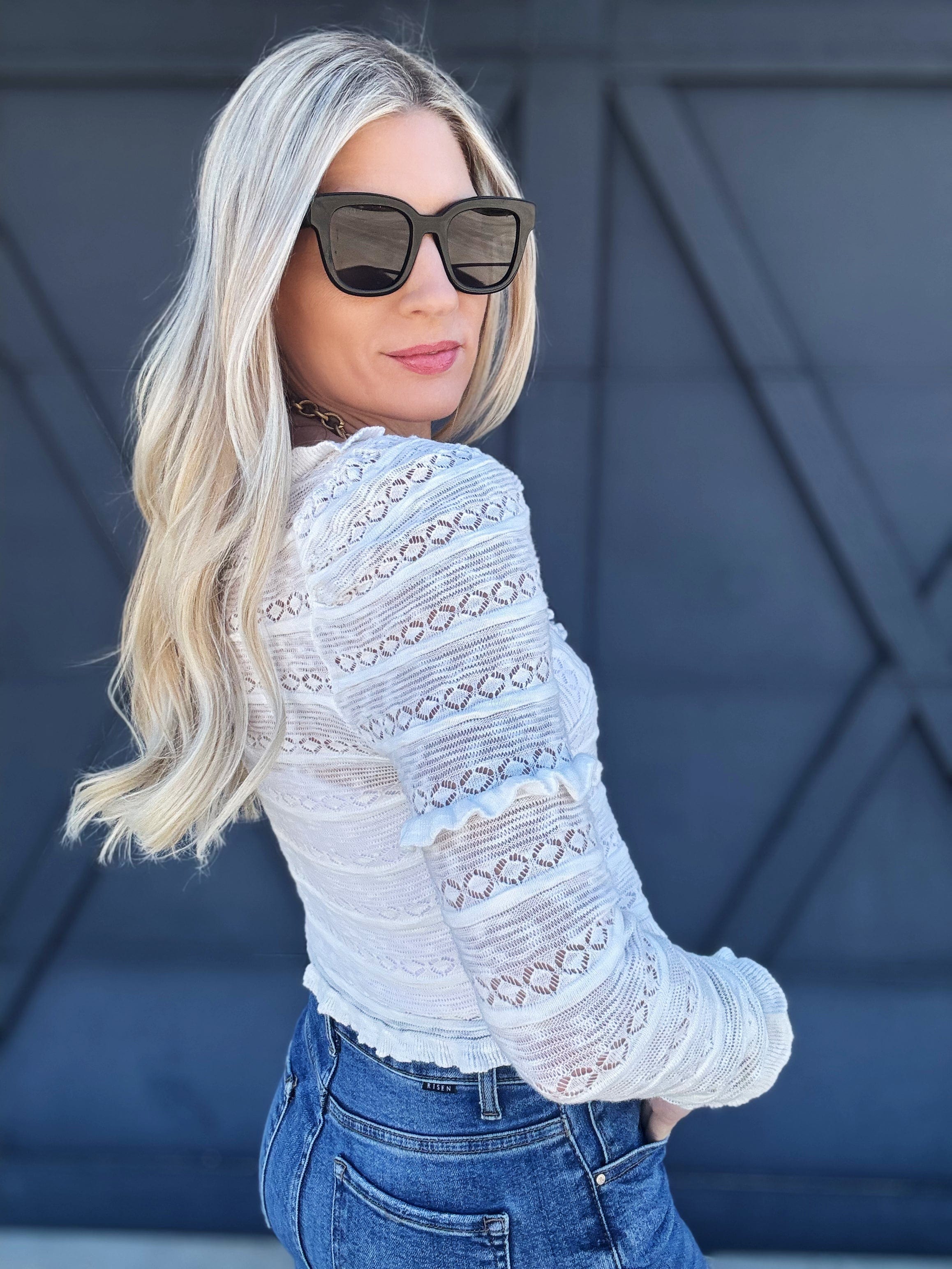 Hollow Ruffle Knit Top In Off White - Infinity Raine