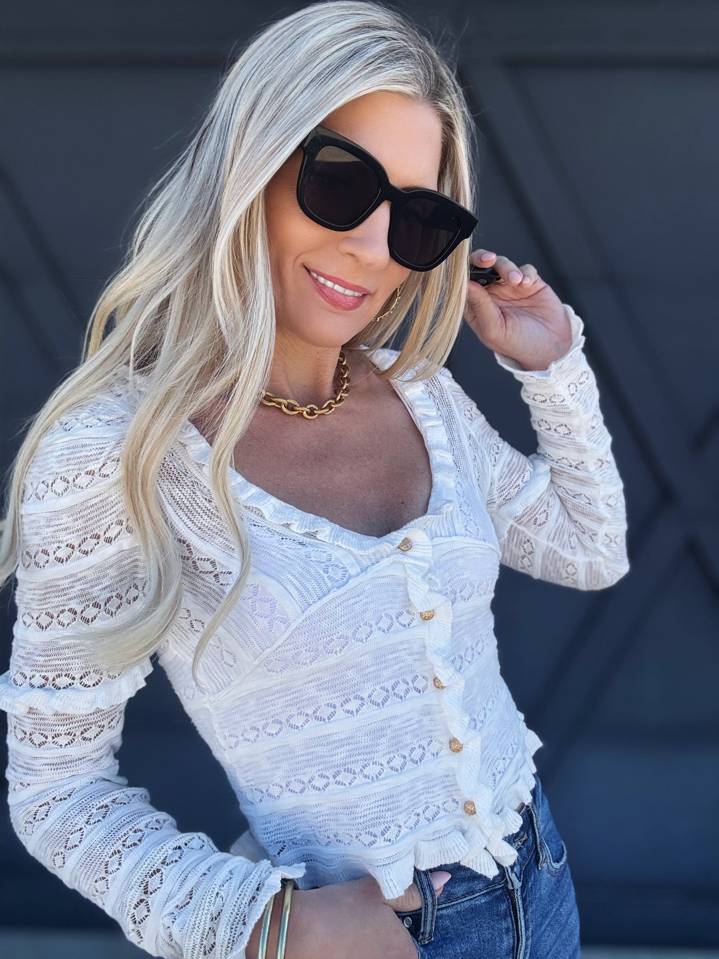 Hollow Ruffle Knit Top In Off White - Infinity Raine
