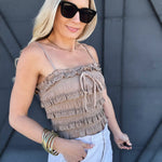 Eyelet Lace Ruffle Cami Top In Taupe - Infinity Raine