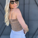 Eyelet Lace Ruffle Cami Top In Taupe - Infinity Raine