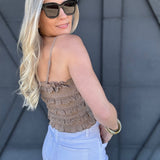 Eyelet Lace Ruffle Cami Top In Taupe - Infinity Raine