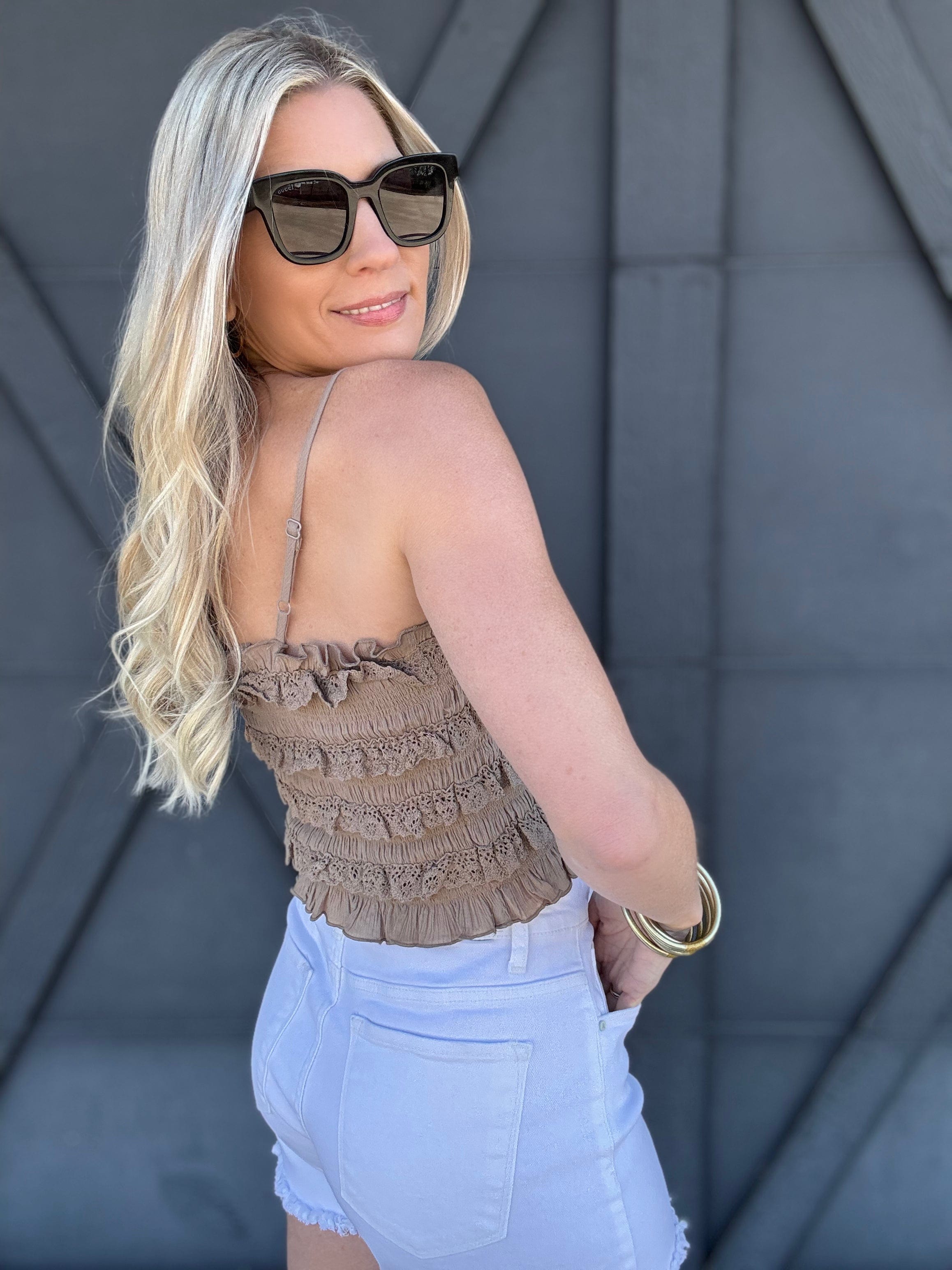 Eyelet Lace Ruffle Cami Top In Taupe - Infinity Raine