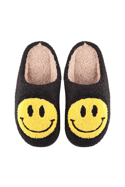 Happy Gal Smiley Face Sherpa Slippers-Black - Infinity Raine