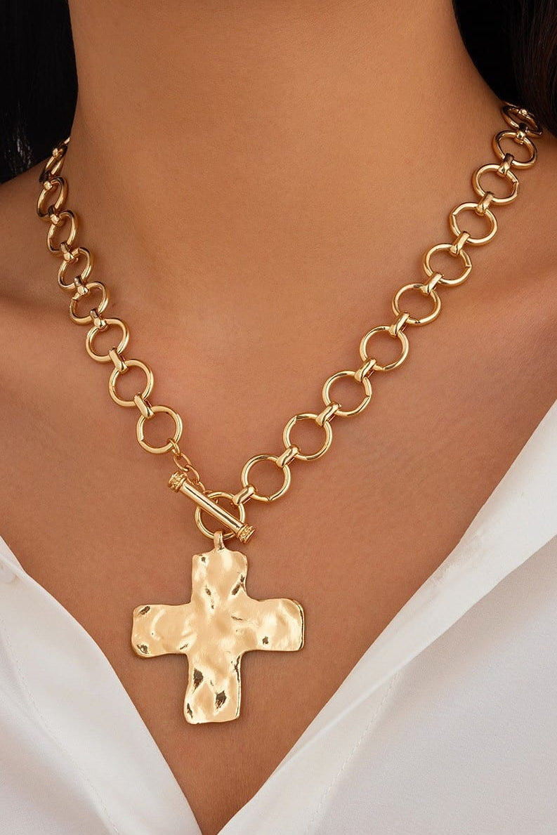 Notable Hammered Cross Front Toggle Necklace In Gold - Infinity Raine