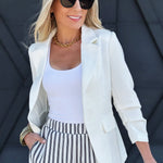 Notch Collar 3/4 Sleeve Blazer In White - Infinity Raine
