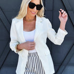 Notch Collar 3/4 Sleeve Blazer In White - Infinity Raine