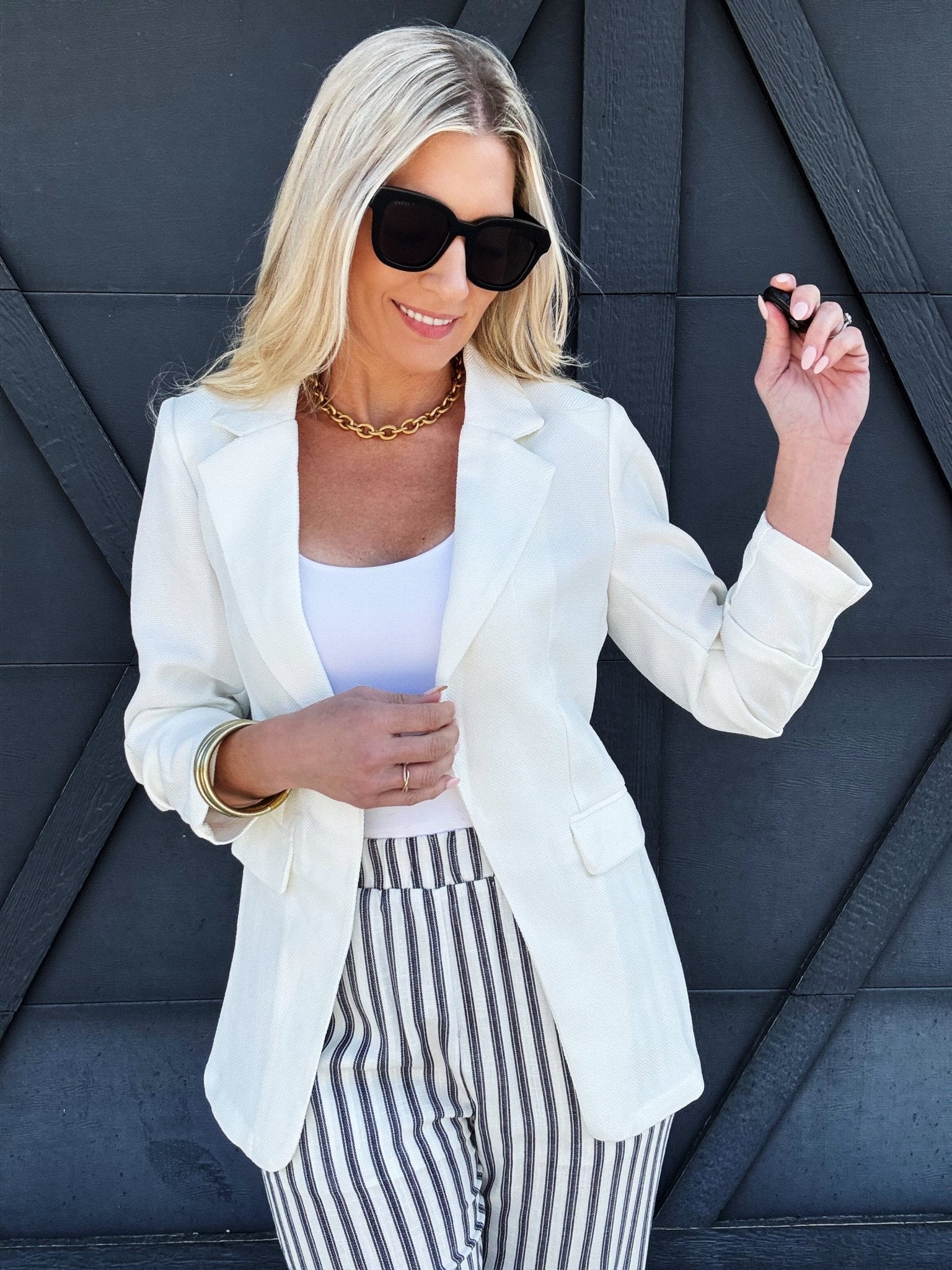 Notch Collar 3/4 Sleeve Blazer In White - Infinity Raine