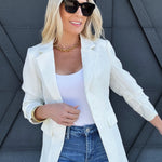 Notch Collar 3/4 Sleeve Blazer In White - Infinity Raine