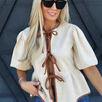 Peplum Suede Bubble Top In Ecru - Infinity Raine