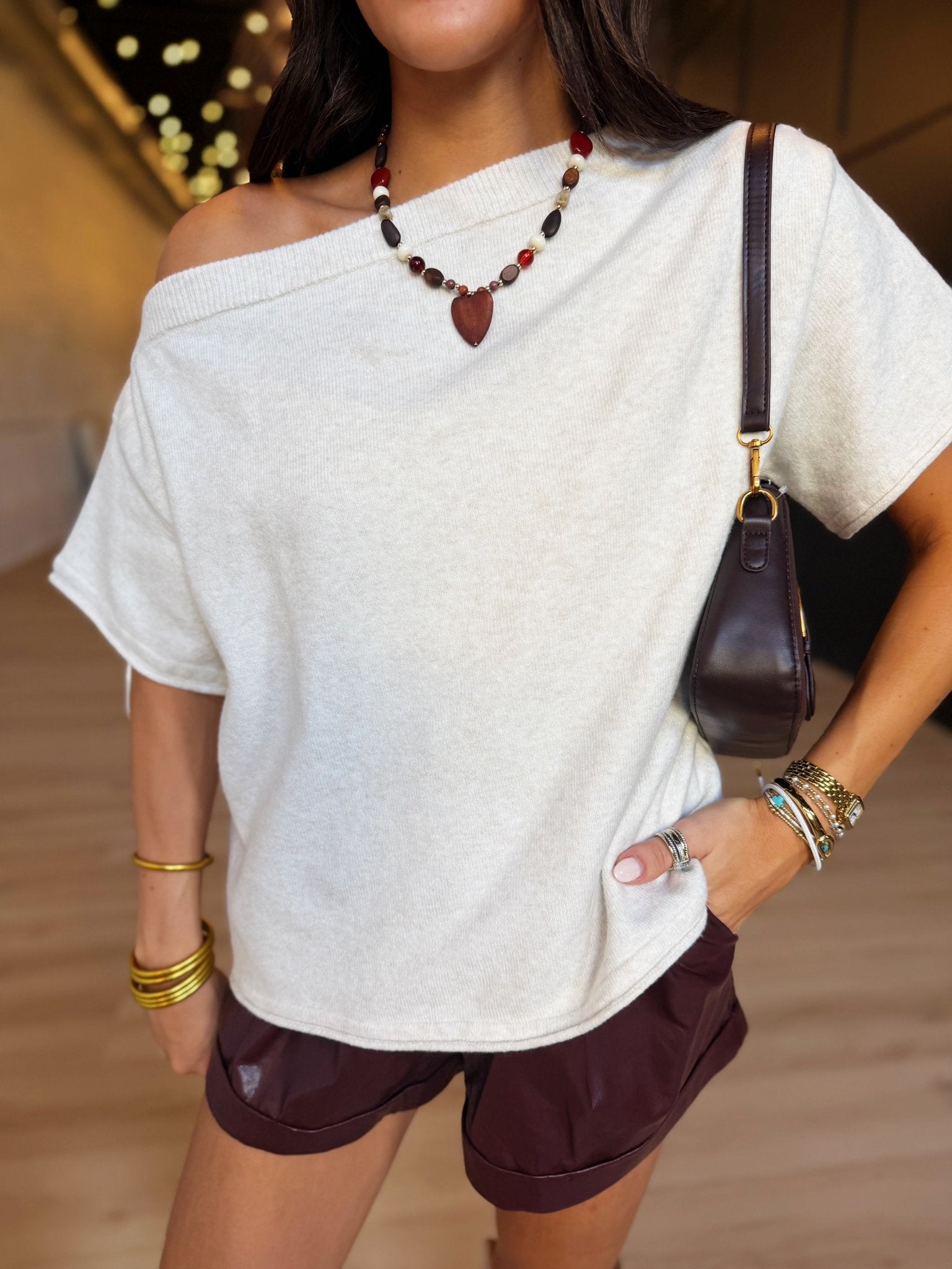 Off-Shoulder Asymmetric Short Sleeve Boxy Pullover In Cream - Infinity Raine