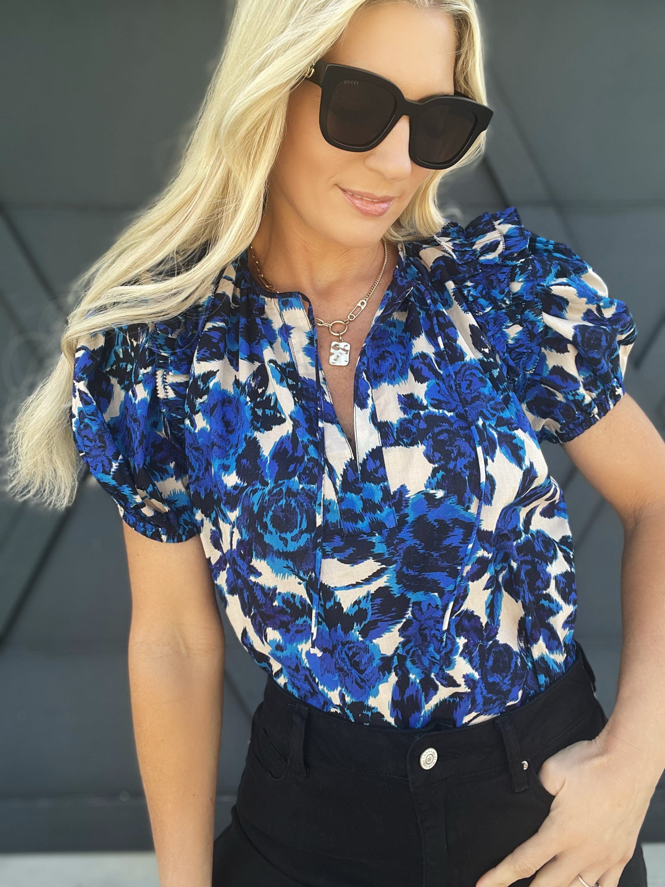 OLIVACEOUS Tops - Blouses The Helen Blouse In Beige Blue